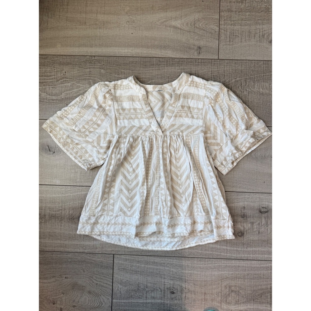 Boho Textured Peasant Blouse Cream Babydoll V Neck Cottagecore Top Size S